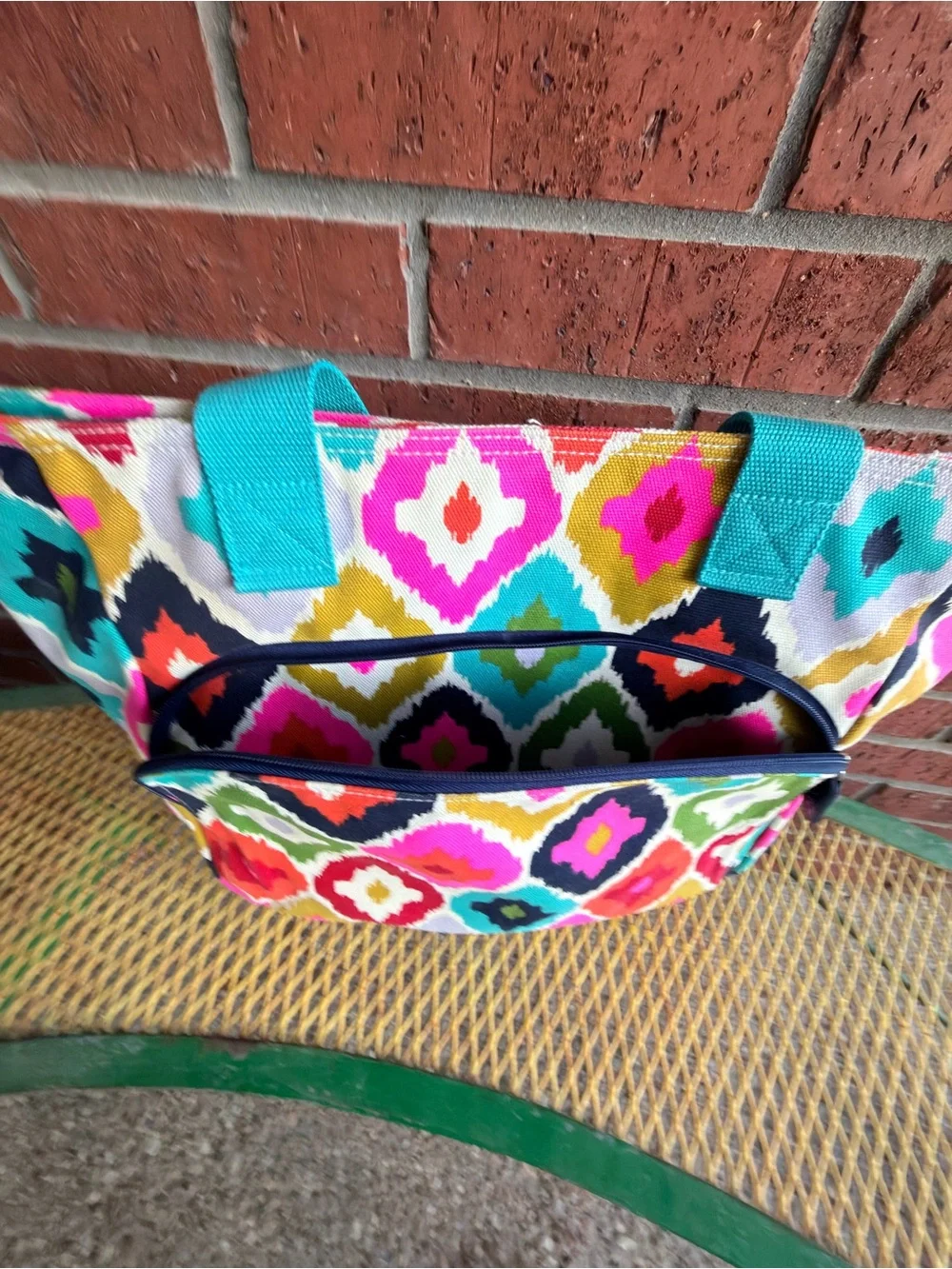 Vibrant Multi-Color Geometric Laptop Bag with Teal Handles Almost new